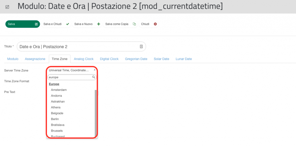 Configurazione Modulo Data e Ora: Time Zone
