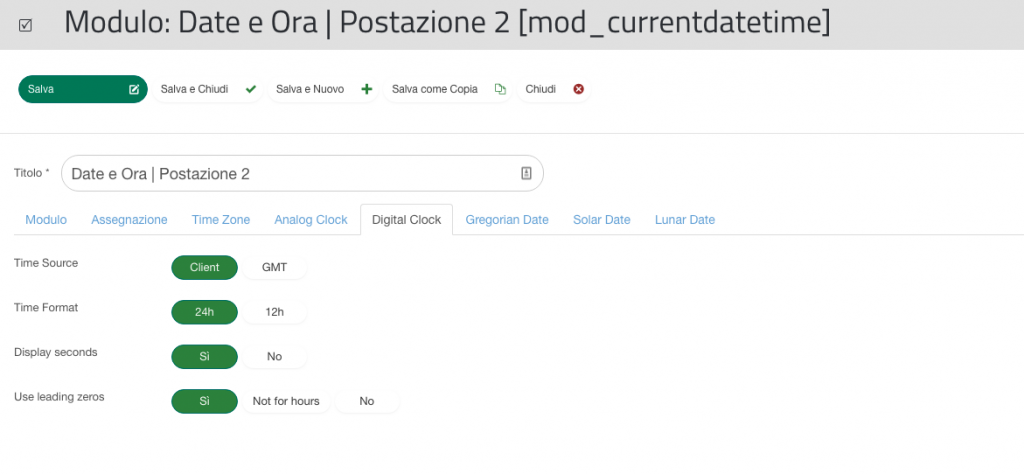 Configurazione Modulo Data e Ora: Digital Clock