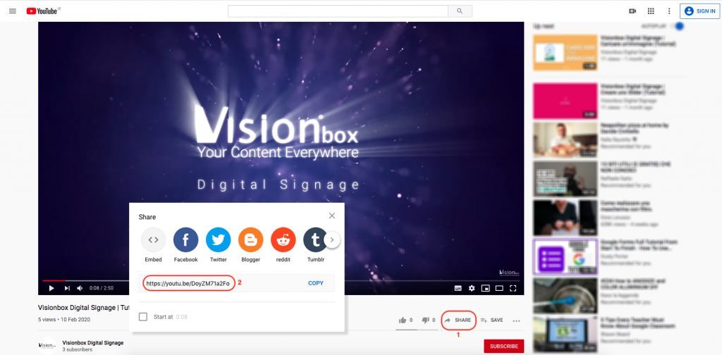 Share button on YouTube video