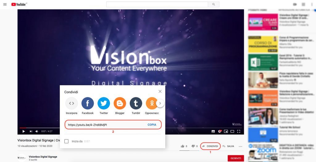 Condividi URL video YouTube