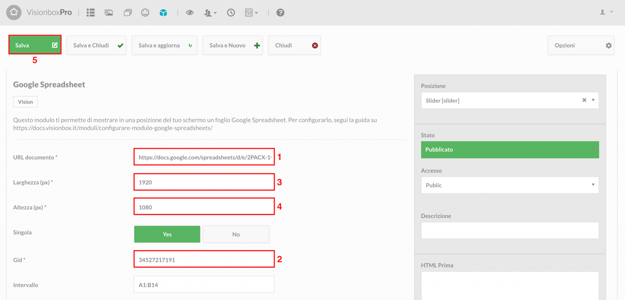 Configurare Modulo Google Spreadsheets | Docs Visionbox
